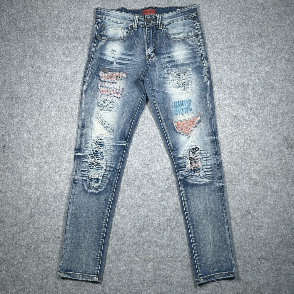 Bleecker & Mercer Denim Jeans Mens Size 29x30 Distressed Embroidered Slim Skinny